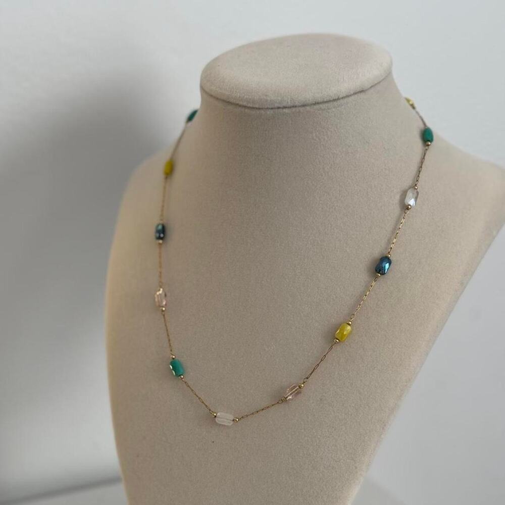 Gold Tone Beaded Necklace Blue Yellow Beads Colorful Jewelry Gift - Picture 2 of 3